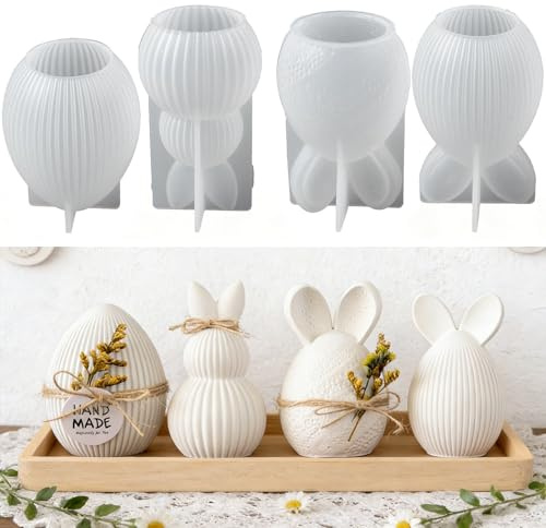 4 Stück Ostern Kaninchen Silikonform,3D Eierform Ostereierform,Silikonformen Ostern,SilikonformOstern Osterei,3D Osterhase Kerzenformen,Kerzenform Osterdeko,Gipsform Osterhasen Silikonform