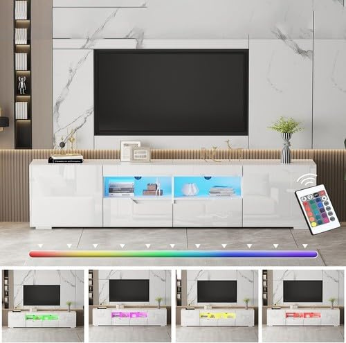 LSBIKE Hochglanz TV-Schrank, TV Lowboard mit Doppel-Schublade und 16 LED Farben Beleuchtung, Fernsehtisch für 65–85 Zoll Fernseher, Griffloses TV Möbel Schränken Für Wohnzimmer Schlafzimmer (Weiß)
