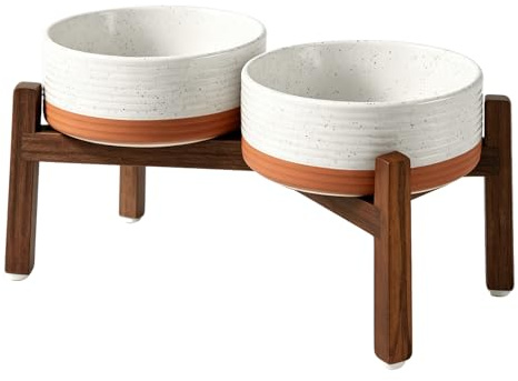 Gamelle surélevée en céramique pour chien avec support en bois d'acacia, réglable en hauteur, gamelle pour chiens de petite à moyenne taille, antidérapante, 850 ml, blanc