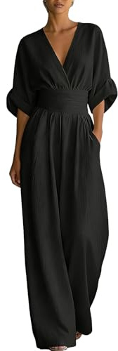 EMUKFD Womens Linen Blend Jumpsuit Summer Elegant Lightweight Short Sleeve V Neck High Waist Romper Playsuit with Pockets Plain Casual Wide Leg All In One Jumpsuits Ladies Comfy Holiday formal Outfits