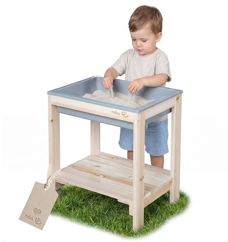 roba Outdoor + Spieltisch Tiny mit Spielwanne - Sand- & Matschtisch aus Massivholz - Gartenmöbel für Kinder - Ab 18 Monaten - Natur Unbehandelt