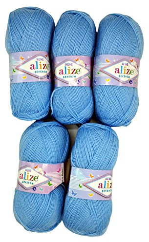 5 x 100g Strickwolle Alize Bebe einfarbig, 500 Gramm Wolle zum Stricken und Häkeln (hellblau 40)