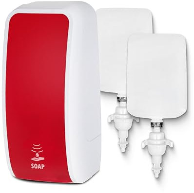 Blanc HYGIENIC Schaumseifen-Spender Cosmos– Seifenspender mit Sensor für Wand-Montage und 2 x 1 Liter Handseife, ergiebige Seife für ca. 7500 Anwendungen, Rot und Weiß
