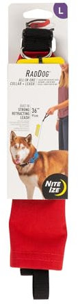 Nite Ize Raddog All-in-One-Halsband und Leine, Robustes Hundehalsband mit integrierter einziehbarer Leine, 40,6 cm bis 50,8 cm Halsband, Rot, Größe L