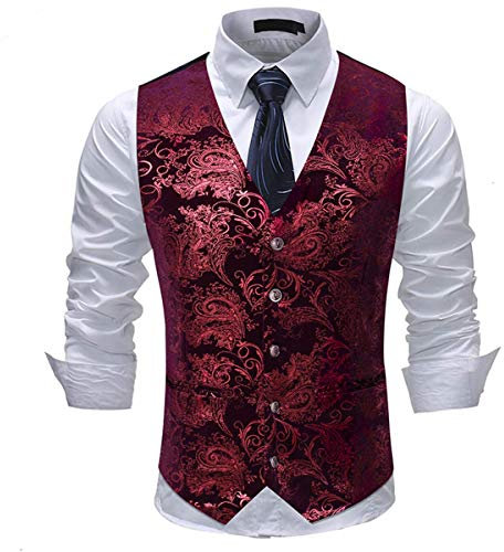 Gilet Homme Classique Paisley Floral Mariage Soirée Slim Fit Formel Business avec Bouton, Rouge, M