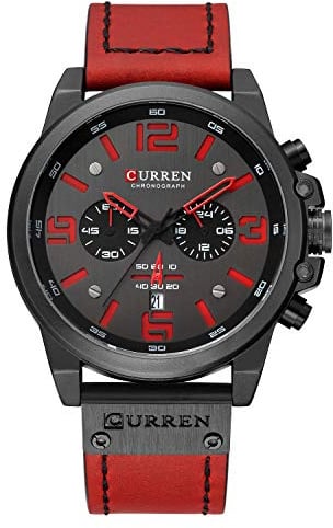 CURREN Herren 3 Zifferblätter Chronograph Quarz Uhren mit Lederarmband, rot