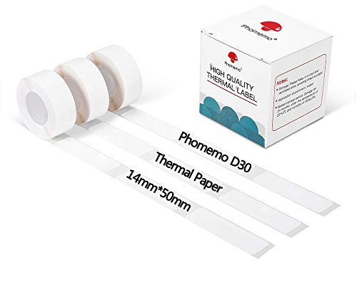 Phomemo D30 D30Pro Aufkleberdruckpapier - Selbstklebendes Etikettendruckpapier Weiß 14 x 50 mm für Tragbaren Mobilen Bluetooth-Drucker, 3 Rollen