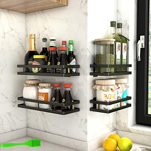 PIGPIGFLY 1 Gewürzregal mit 4 Haken,Zur Wandmontage oder für Schrank, Küchenregal wand aus Edelstahl,Gewürzregal Schranktür, Gewürzregal ohne Bohren (25cm)