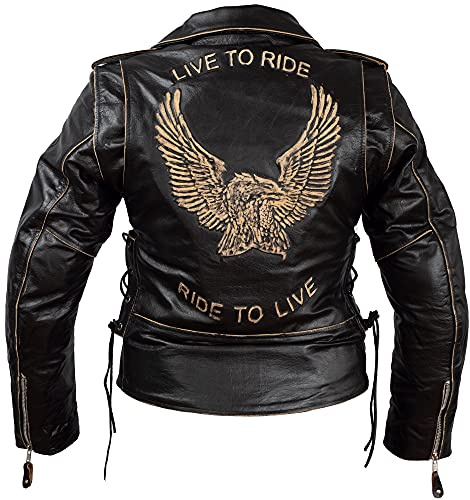 Chaqueta de Moto para Mujer de Cuero Envejecido modelo Águila by Iguana Custom Collection con Protecciones Homologadas y Cremallera Cruzada hasta la Solapa