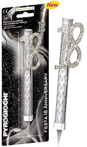 Candela Luminosa Fontana Fiaccola 18 ANNI con numero glitterato Argento - Magic Flambè per torta e dolci - ideale per compleanni, feste, party, anniversari ecc.