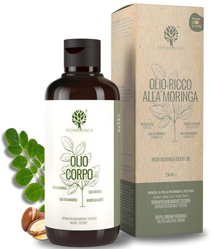 RedMoringa Moringa-Öl für Körper und Haare EcoBio - Feuchtigkeitsspendendes Öl - Ideal für Anti-Cellulite-Massagen - 99,5% natürlich mit Wildrosenöl, Argan, Sheabutter und Jojoba - 250 ml