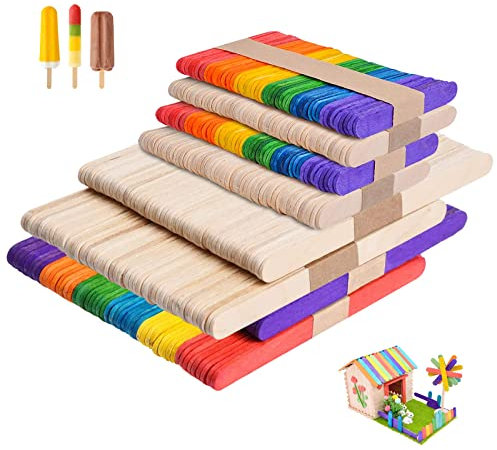Seasboes 400 Stücke Holzstäbchen, 4 in 1 Bunt & Natur Holzeisstiele zum Basteln, Holzspatel für EIS Holzstab Stiele DIY Handwerk, Eisstäbchen Holzstäbchen mit Verschiedenen Größen