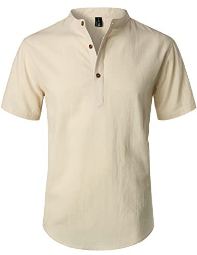 LucMatton Sommerhemd für Herren, aus Baumwolle/Leinen, Kurzarm, lässiges Henley-Hemd, leichte Sommer-Oberbekleidung für den Strand, mit Stehkragen, XL