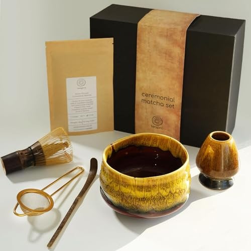 teapro Yellow Japanese Matcha Set: Bamboo Matcha Whisk & Scoop, Ceramic Matcha Bowl & Whisk Holder, 30g Ceremonial Matcha Powder, Matcha Sieve, Matcha Starter Kit | Traditional Matcha Gift Set