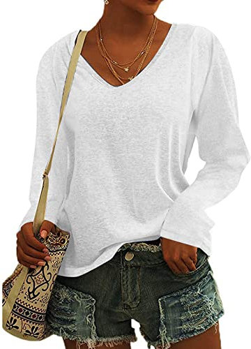 KOG Bluse Damen Elegant Langarm T-Shirt Tops Shirt Casual Weiß Oberteile Frauen Schwarz Kleidung Frau Grau Sommer Shirts Top Damen V-Ausschnitte Tshirt Casual Rundhals Klamotten Teenager Weiß S