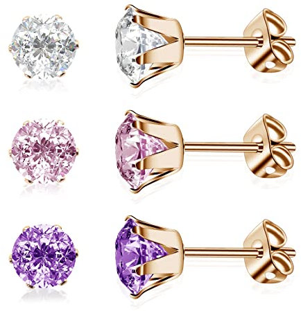Artskin 3 Paar Ohrstecker aus Titan medizinischem Stahl und AAAA+ Cubic Zirkonia für Damen hypoallergen Geschenk für Mädchen (6mm, Rose Gold)