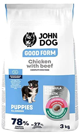 JOHN DOG Hundefutter für Welpen, Trockenfutter für Hunde, Hundetrockenfutter, Welpenfutter, Tierfutter, Haustierfutter, Gultenfrei - Huhn mit Rindfleisch - 3kg