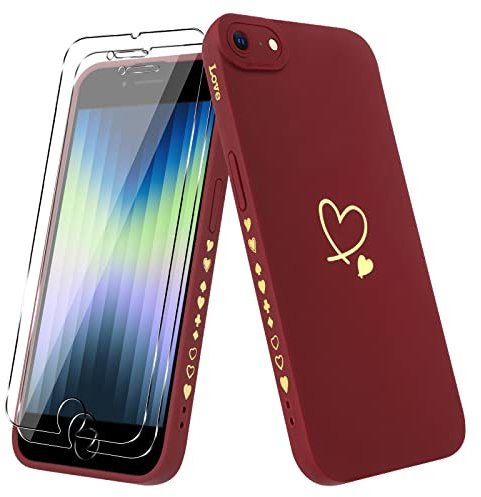 Vauki Coque pour iPhone 8/iphone SE 2020/iPhone 7/SE 2022 avec 2 Pièces Verre Trempé, Etui Fille avec Or Motif Coeur Souple TPU Silicone Antichoc Anti-Rayures Housse, Bordeaux