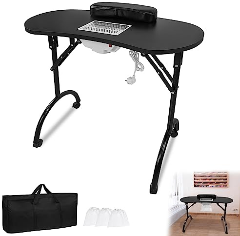 YRHome Faltbar Maniküretisch mit Absaugung, 98x44 x77 cm Maniküre Tisch Nageltisch mit Staubbeutel Tragbaresmanikürtisch Mobilesmanikürtisch Tragetasche mit Rollen 13 KG Schwarz