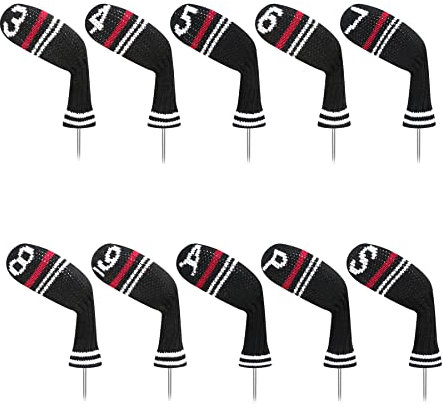 LeFeng 10pcs Knitted Golf Iron Head Covers 3-9/A/P/S Set - Lightweight and Durable Material - Fit Well for Callaway Ping Taylormade Cobra Etc.(Black Red Stripes)