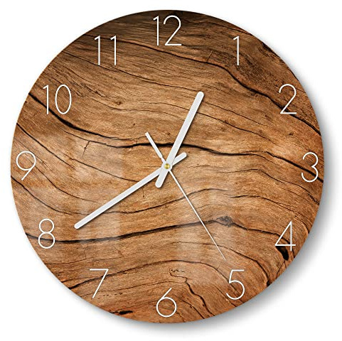 DEQORI Glasuhr | rund Ø 30 cm | Motiv Detaillierte Holzmaserung | ausgefallene leise Design Uhr aus Glas | Wanduhr für Wohnzimmer & Küche | moderne Hingucker Uhr für die Wand