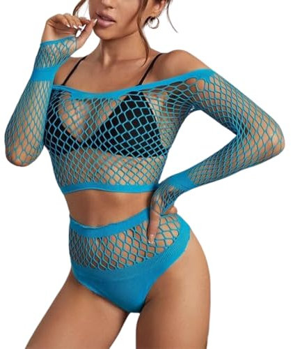 TOYTEM Sexy Fischnetz-Body & Fischnetz-Dessous, Stripper Outfits für Damen, durchsichtiges Kleid in Übergröße, Blau (Azure), Einheitsgröße