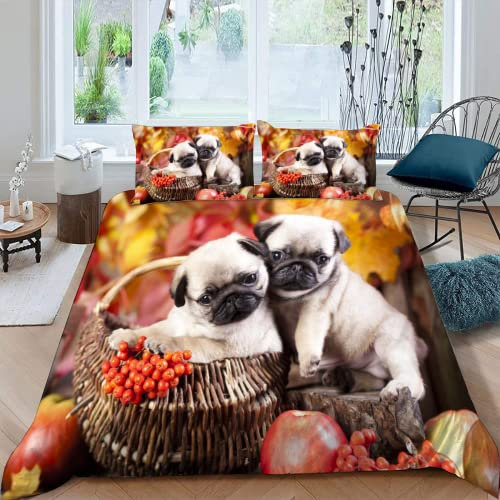 MOXINO 3D Mops Bettwäsche 135x200 cm 4teilig Tier Hund Bettbezüge für Kinder Jungen Mädchen Einzelbett Leicht Mikrofaser Bettbezug Sommer Warm Weiche Bettwaren mit 2 Kissenbezüge 80x80