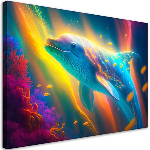 Feeby Bild Auf Leinwand AI Delfin Neon Ozean 90x60 cm 1 tlg Modern Leinwandbilder Bild auf Leinwand Kunstdruck Wand Bild Wanddeko Design Schlafzimmer Büro Flur Hotel Spa Wohnzimmer Meer mehrfarbig