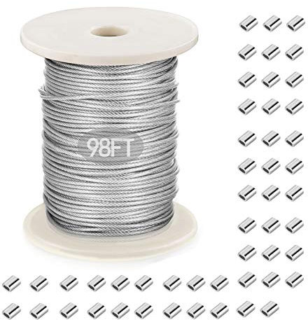 Picture Hanging Wire, Vinyl Coated Stainless Steel Wire with 50 pcs Aluminum Crimping Loop Sleeve for Hanging Photo Frame Artwork Mirror Bird Feeder String Light Plant Climbing (1.5mm x 98Feet)