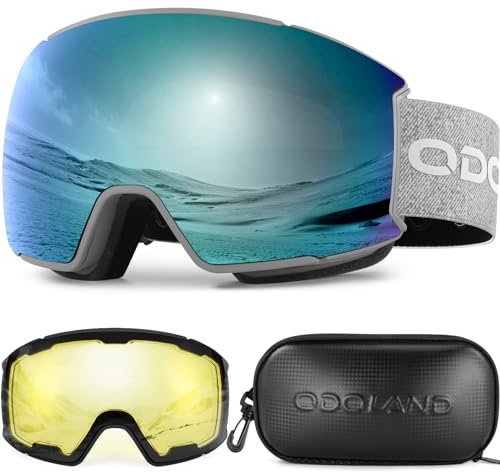 Odoland Skibrille Snowboardbrille für Damen und Herren mit 2 Magnetische Wechselglas und Hülle Anti-Fog UV-Schutz Helmkompatible für Jungen und Mädchen zum Snowboard Skifahren Königsblau