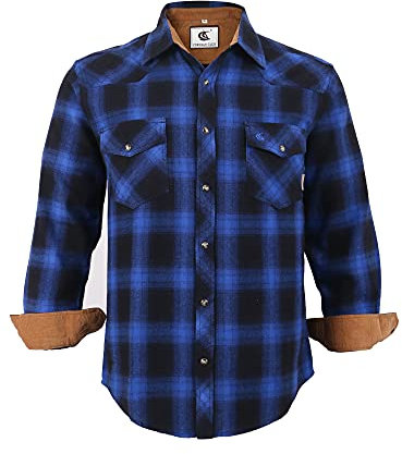 Coevals Club Chemise Flanelle Homme Chemise de bûcheron Homme Manches Longues Carreaux Boutons-Pression Coton avec Poche Coupe Normale Chemise décontractée(Bleu Noir 3# 2XL)