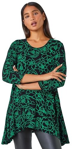 Roman Originals Floral Print Hanky Hem Stretch Top for Women UK - Ladies Everyday Holiday Spring Summer Round Neckline Comfy Soft Evening Vacation Work Party - Green Black - Size 10