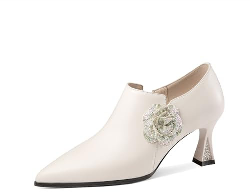 TinaCus Women's Pointed Toe Handmade Flower Crystal Spool Heels Genuine Leather Zip Up Pumps Shoes, Beige, 8 US