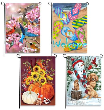 Octonyluck Garden Flag Four Seasons-Serie, Flaggen Gartenflagge pour Wichtel, Sommer, Frühlingsblume, Blumendekoration, Jute Hof Banner für saisonale Outdoor-Dekoration Doppelseitig, 4 Stucks