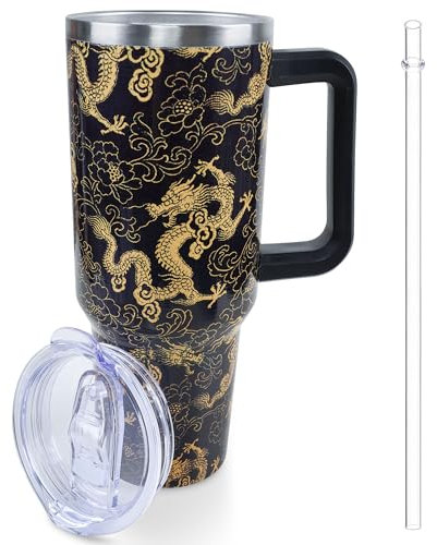 Lumumanber 40 oz Dragon Tumbler with Handle and Straw, Travel Mug Water Bottle, Stainless Steel Insulated Cup with Lid and Straw, Birthday Christmas Gifts