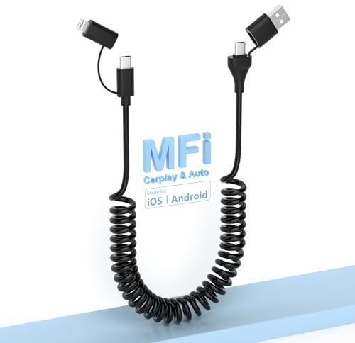 Cable Spirale Voiture pour Apple CarPlay & Android Auto USB C,certifié Mfi avec transmission de données et charge rapide de 60 W,Câble USB vers Lightning Spirale Court pour iPhone/i-Pad/i-Pod/Samsung