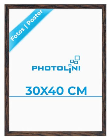 PHOTOLINI Bilderrahmen 30x40 Holz MDF Eiche Dunkel, Bilderrahmen 40x30 cm, bruchsicheres Acrylglas, Rahmen 30 x 40 zum Aufhängen, extra Zubehör - Rahmen 30x40 für Fotos & Poster