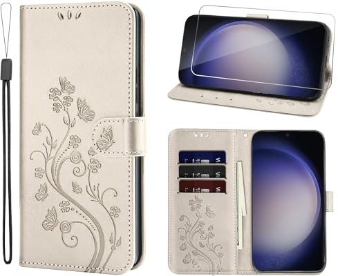 Ciciber Ttusy Handyhülle für Samsung Galaxy S23 Hülle Premium PU Leder, Klappbar Schutzhülle und Schutzfolie, Flip Wallet Case stoßfest Tasche mit Kartenfach Klapphülle Motiv, Gold