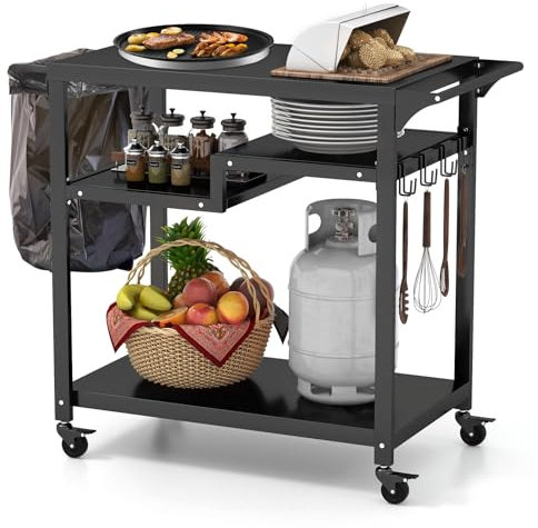 KOMFOTTEU Servierwagen Grillwagen Metall, Garten Rollwagen mit Arbeitstisch, 4 Ablagen & Griff, Grilltisch Grill Trolley inkl. 6 Haken & Müllbeutelhalter, Küchenwagen für BBQ Outdoorküche, Schwarz