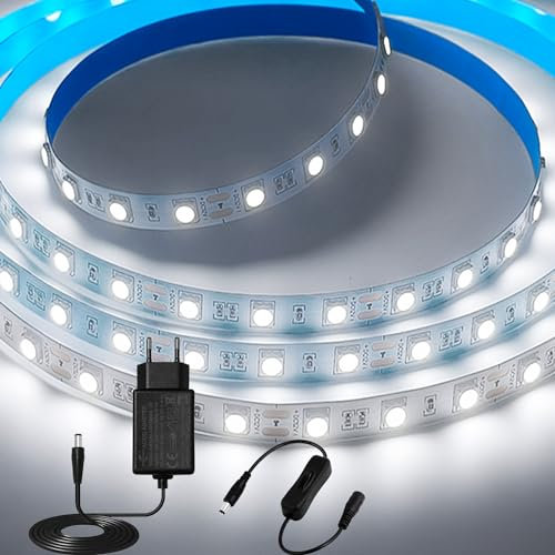 iNextStation Striscia LED Bianco 6000K 5 Metri, 12V SMD5050 Strisce LED con Adattatore e Interruttore, Flessibile Tagliabile Nastri LED Luci per Camera da Letto, Casa, Cucina, Feste Decorazione