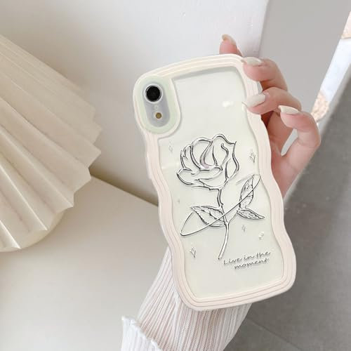 UEEBAI Clear Case for iPhone XR, Cute Simple Wave Wavy Frame Slim Fit Shockproof Phone Bumper Cover Translucent Soft Pretty Protective TPU Case for girls women - White Rose
