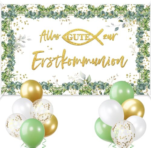 COLOFALLA 180x110 cm Kommunion Deko Banner Alles Gute zur Erstkommunion Kommunion Hintergrund mit 12 Luftballons Kommunion Deko Wand Erstkommunion Deko Kommunion Geschenke für Mädchen Junge