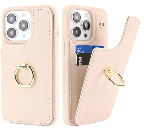 SailorTech für iPhone 13 Pro Handyhülle mit Kreditkartenhalter für Frauen, iPhone 13 Pro Hülle Ring-Ständer Kartenschlitze Standfunktion Modische Tasche für Männer - Beige