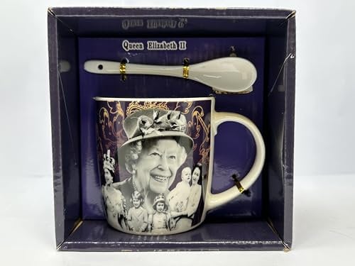 JAYOGLA Royal Commemorative Ceramic Mug With Bag Queen Elizabeth II & King Charles III - 10oz Purple Multicolor Coffee & Tea Cup With Unique Spoon - Memory Of Queen Elizabeth II & Home Decor