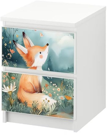 Sunnywall® Möbelfolie passend für IKEA Malm Kommode Schrankfolie Aufkleber mit Fuchs auf Wiese Motiv | blasenfrei verkleben | Kinderzimmer 2er 40 cm