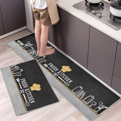 Hoimlm Lot de 2 Tapis de Cuisine antidérapants, Absorbe l'eau et l'huile, Résistant à la poussière, Tapis de Sol pour l'intérieur (Chapeau de Chef, 43 x 75 + 43 x 150 cm)