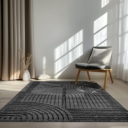 In & Outdoor Teppich Barcelona Wetterfest Balkon Boho Wohnzimmer Küche Skandinavisch Muster Einfarbig 3D Effekt Modern anthrazit Kreise Welle 200x280 cm