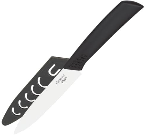 Tradineur - Cuchillo cerámico para verduras, incluye funda protectora, hoja de 10 cm, mango ergonómico, corte preciso, larga duración, pelar, cortar, cocina - 20 cm