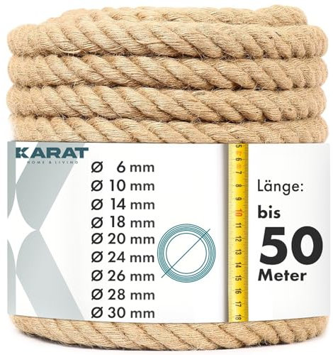 KARAT Corda di iuta per arrampicata, 30 m, 14 mm di spessore, corda di iuta in 100% iuta naturale, extra forte, filo di iuta per sport, decorazione del giardino, artigianato, tiragraffi