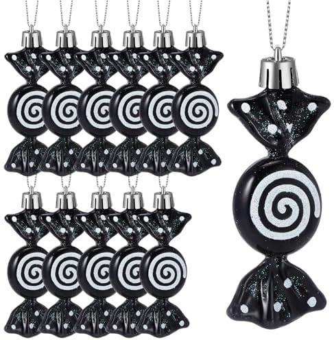 Threan 12 Pcs Christmas Candy Ornaments Hanging Glitter Candy Cane Decoration xmas Tree Peppermint Ornament with Golden Rope for Xmas Halloween Decoration(Black,Plastic)